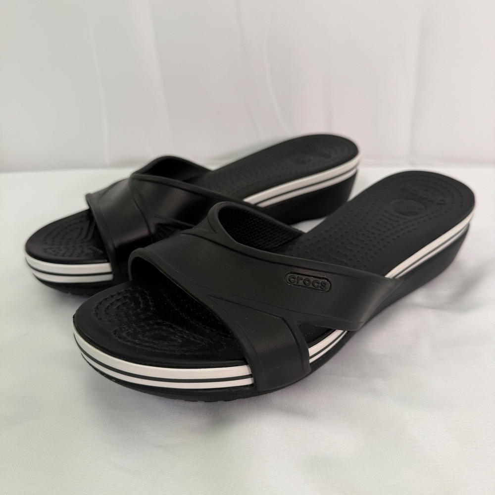 Crocs Crocband Platform Wedge Sandals Black White Slide Women's Size 8 205619